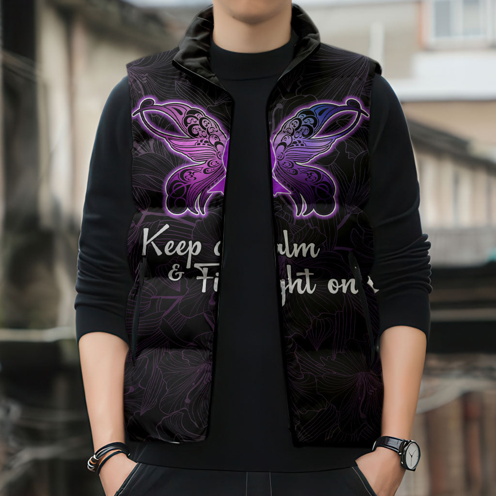 Pancreatic Cancer Support Sleeveless Puffer Jacket Keep Calm And Fight On Polynesian Pattern