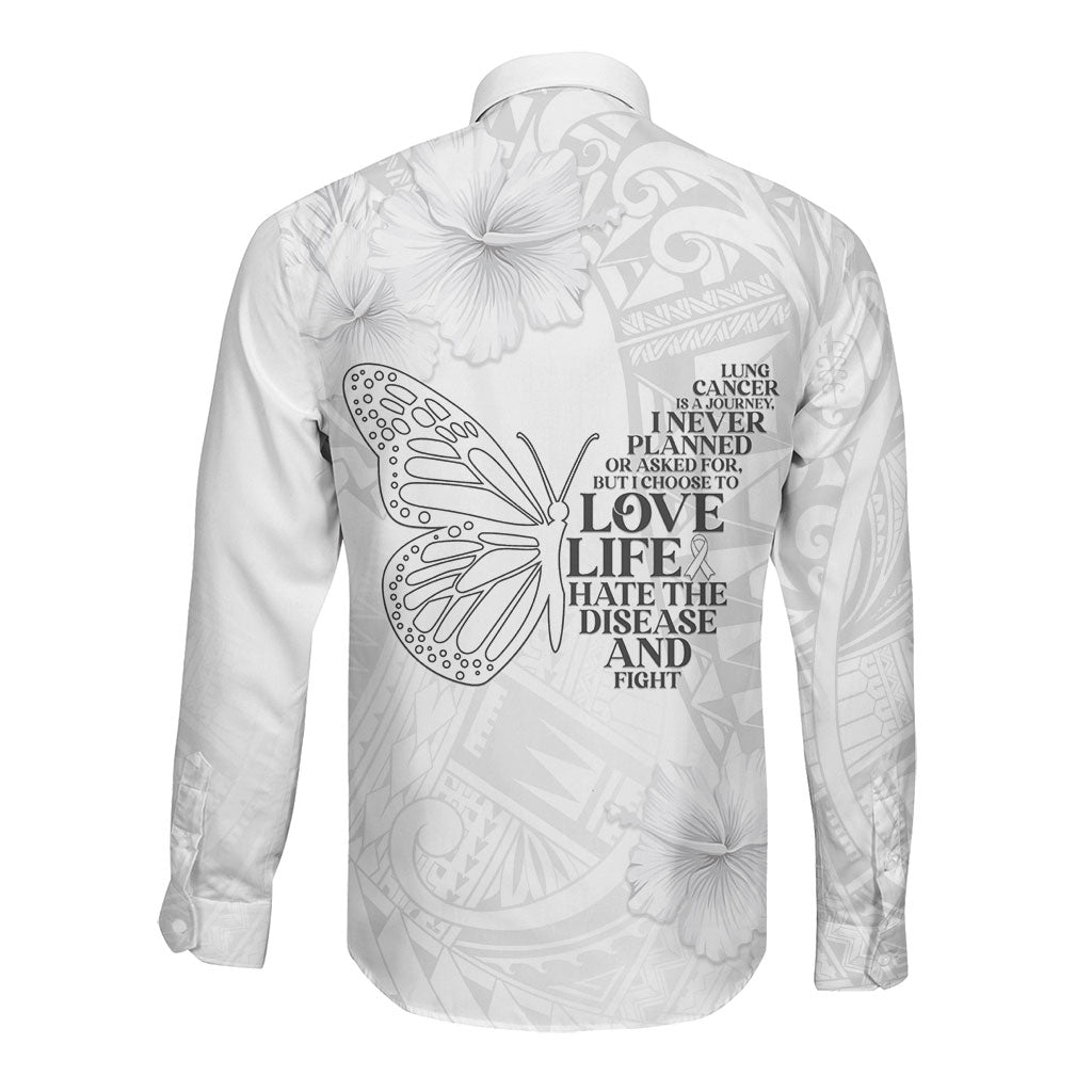 Lung Cancer Support Long Sleeve Button Shirt Never Give Up Polynesian Style