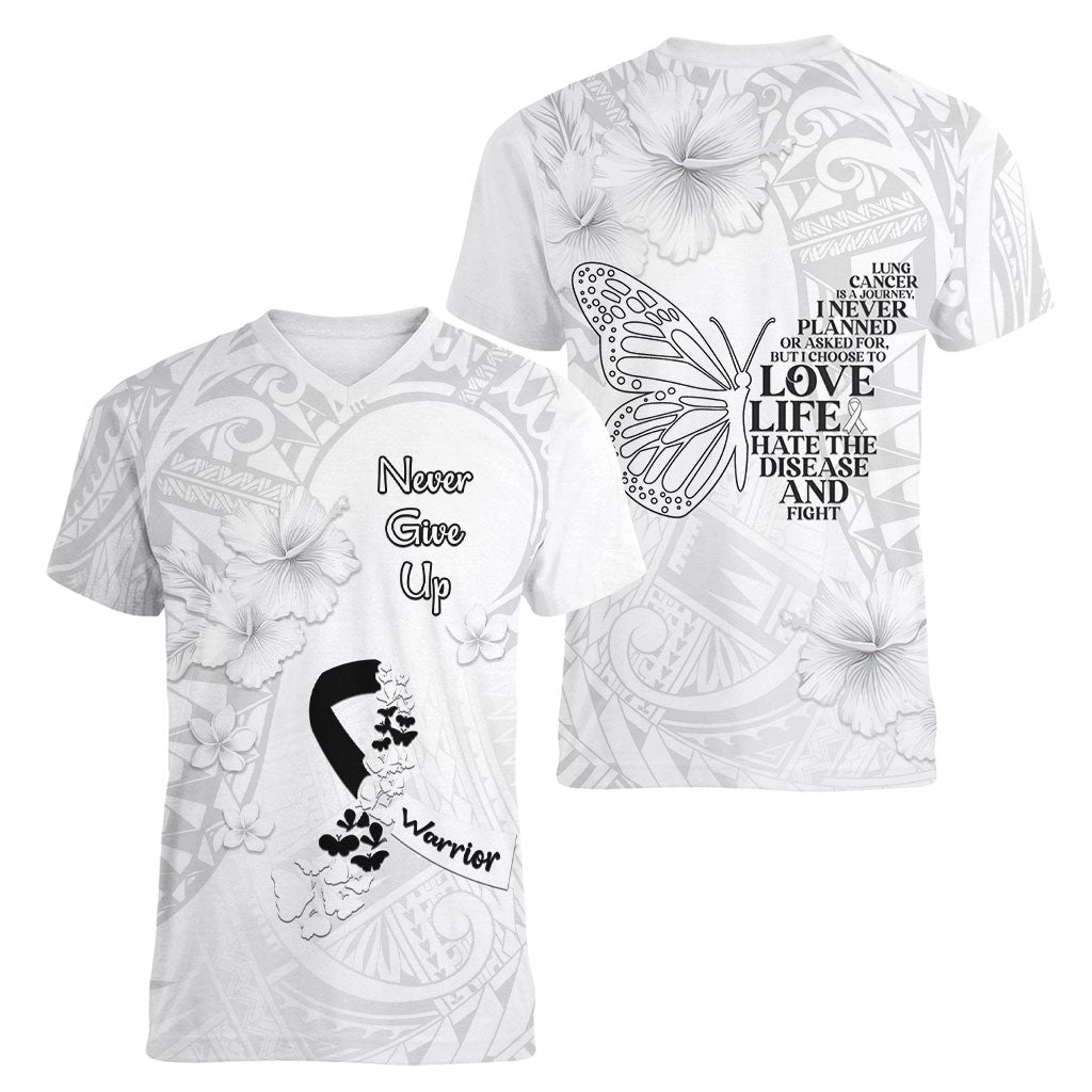 Lung Cancer Support Women V-Neck T-Shirt Never Give Up Polynesian Style