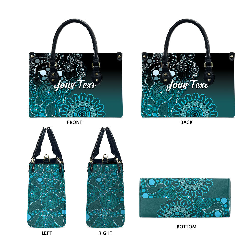 Personalised Ovarian Cancer Support Leather Bag Teal Ribbon Aboriginal Art