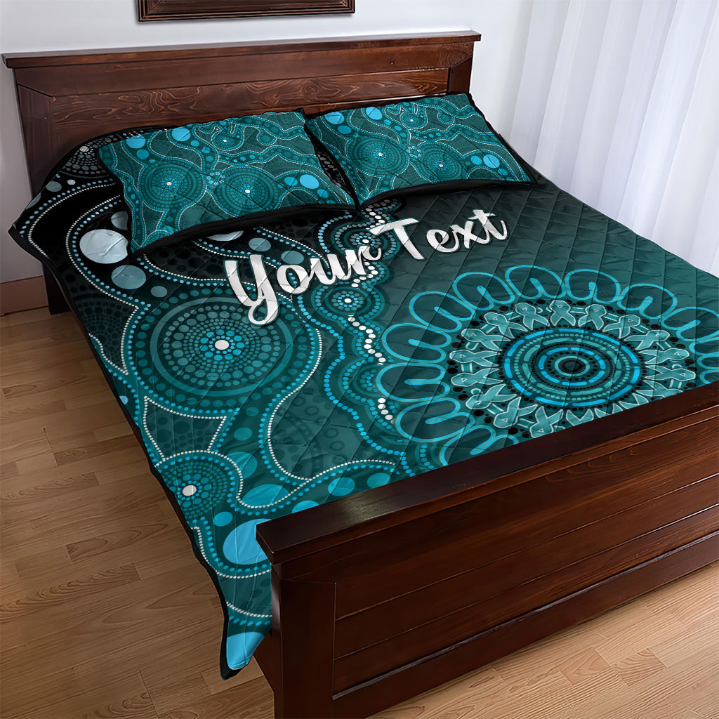 Personalised Ovarian Cancer Support Quilt Bed Set Teal Ribbon Aboriginal Art