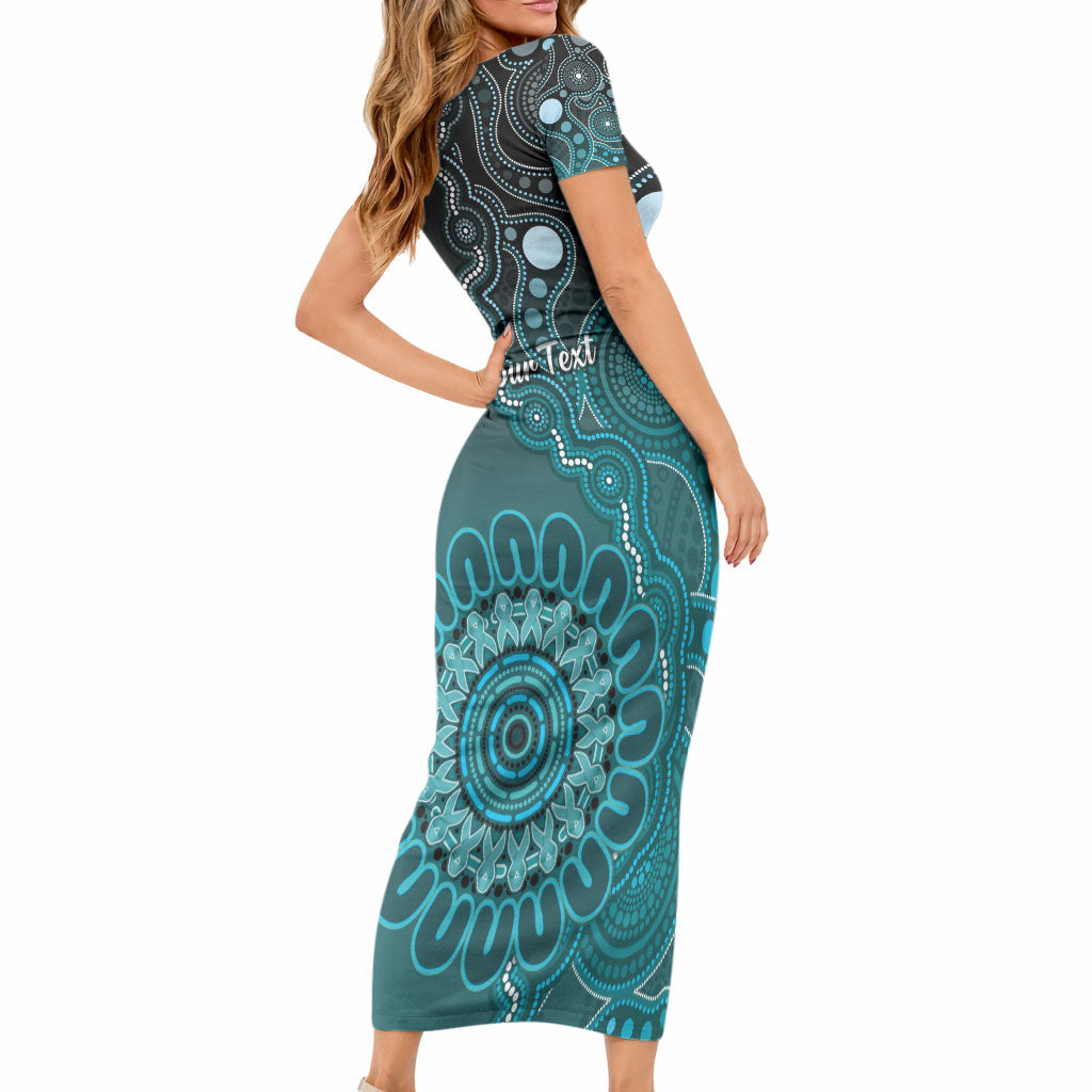 Personalised Ovarian Cancer Support Short Sleeve Bodycon Dress Teal Ribbon Aboriginal Art