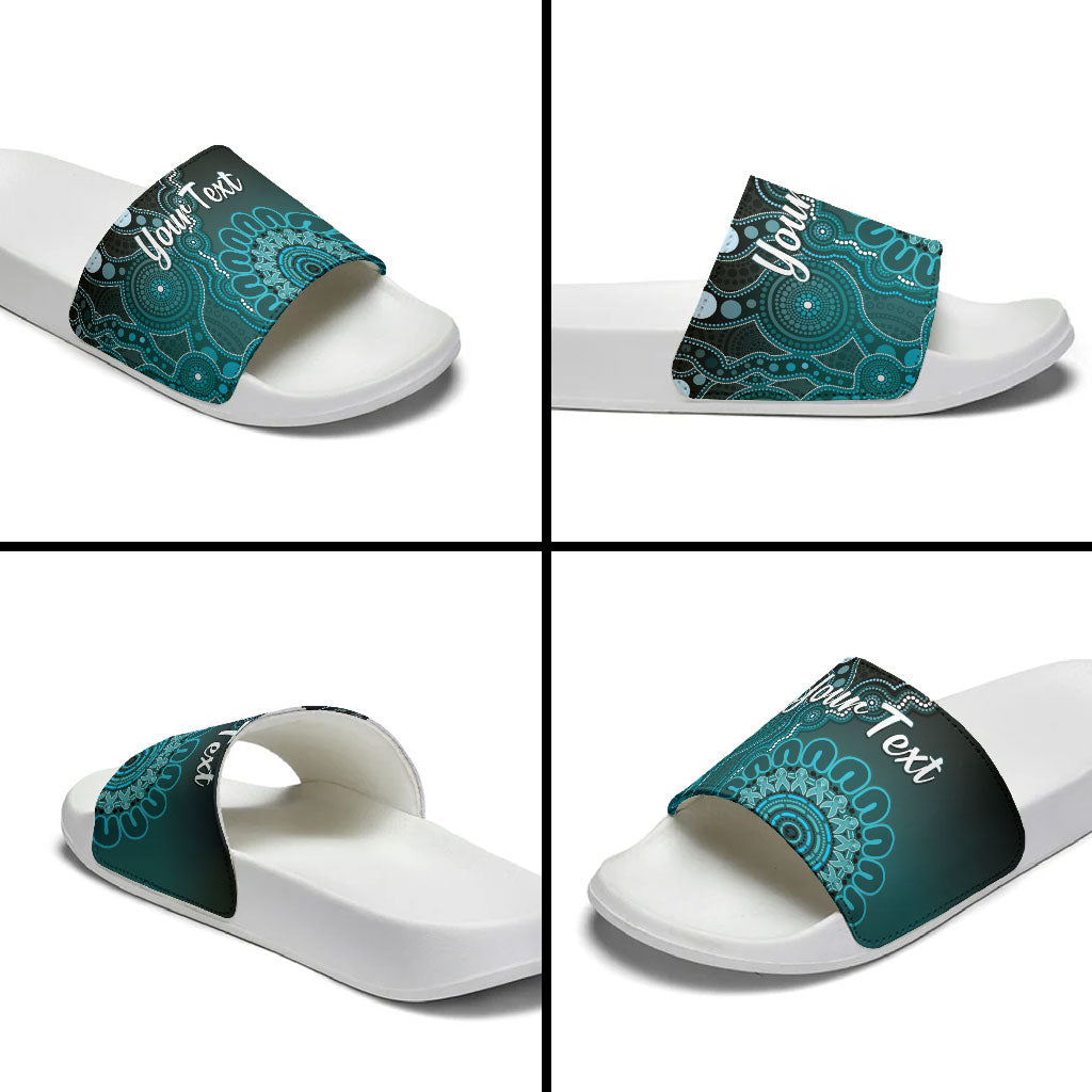 Personalised Ovarian Cancer Support Slide Sandals Teal Ribbon Aboriginal Art
