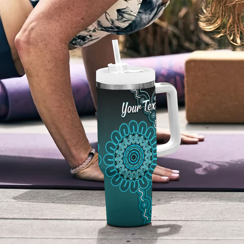Personalised Ovarian Cancer Support Tumbler With Handle Teal Ribbon Aboriginal Art