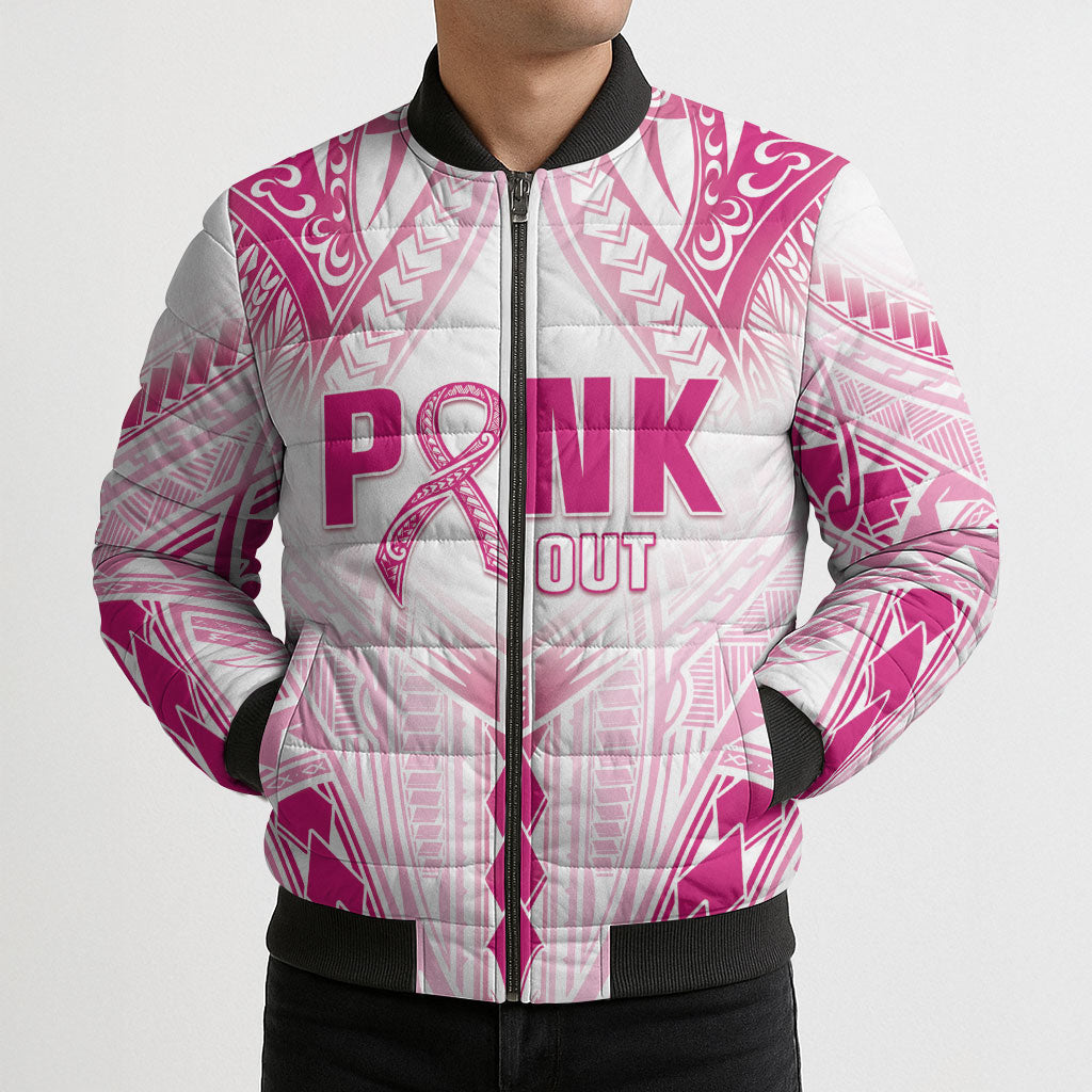 Breast Cancer Pink Out Bomber Puffer Jacket Polynesian Art Tattoo White Version