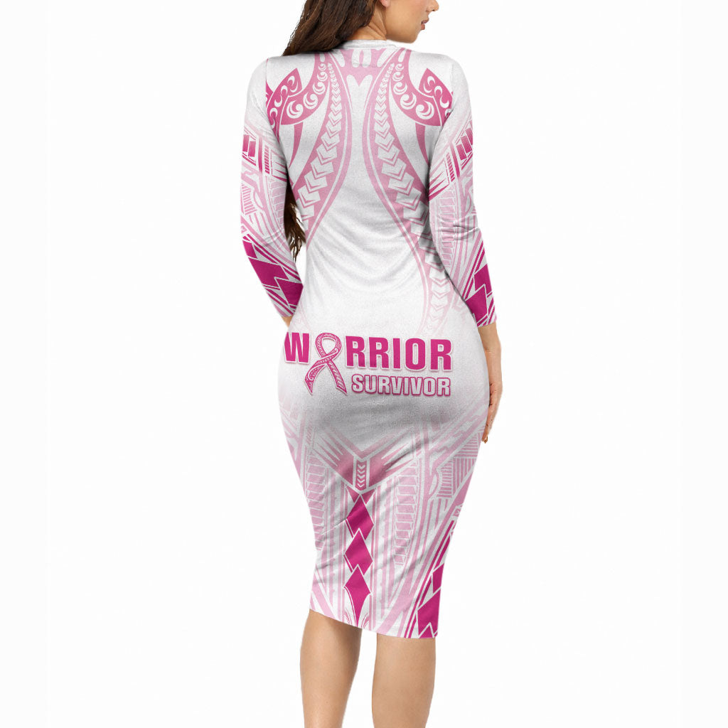 Breast Cancer Pink Out Long Sleeve Bodycon Dress Polynesian Art Tattoo White Version