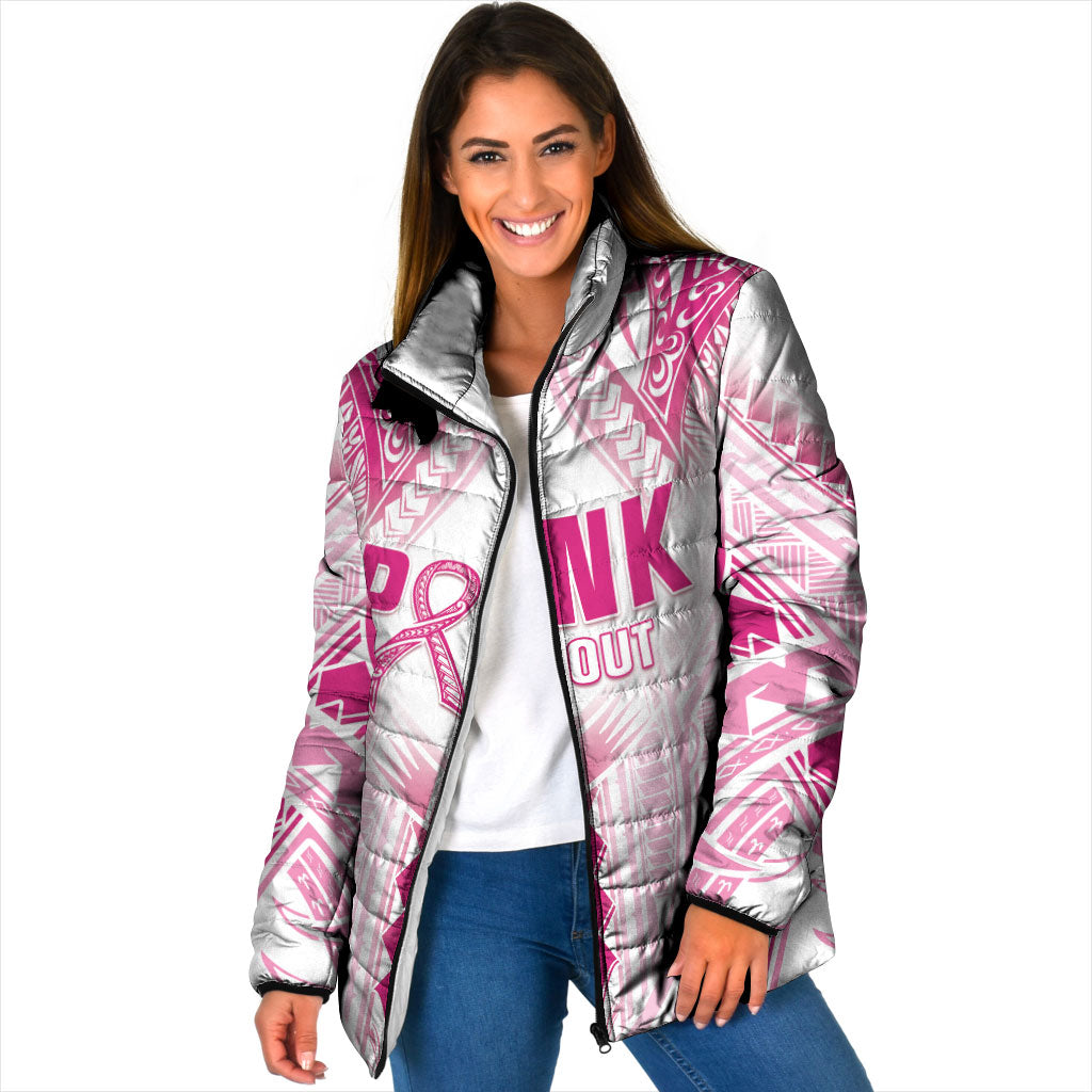Breast Cancer Pink Out Padded Jacket Polynesian Art Tattoo White Version