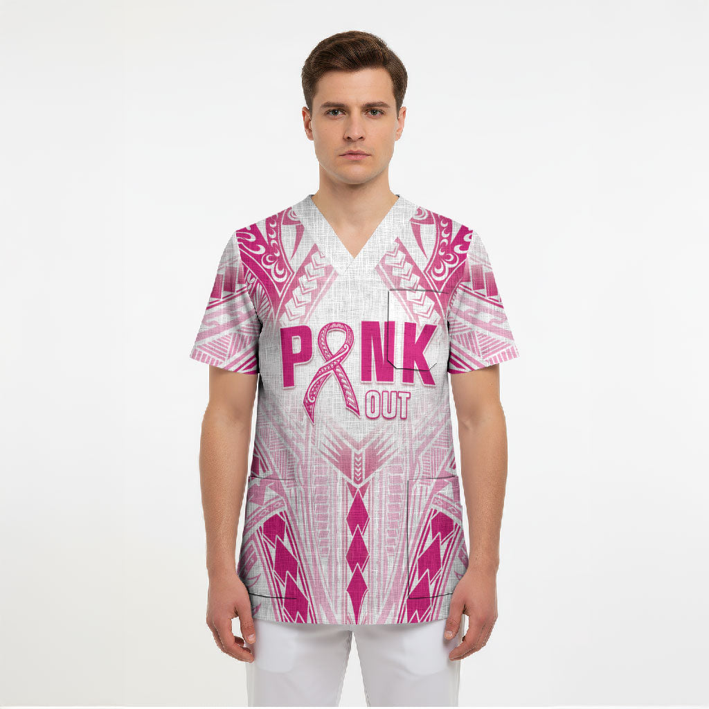 Breast Cancer Pink Out Scrub Top Polynesian Art Tattoo White Version