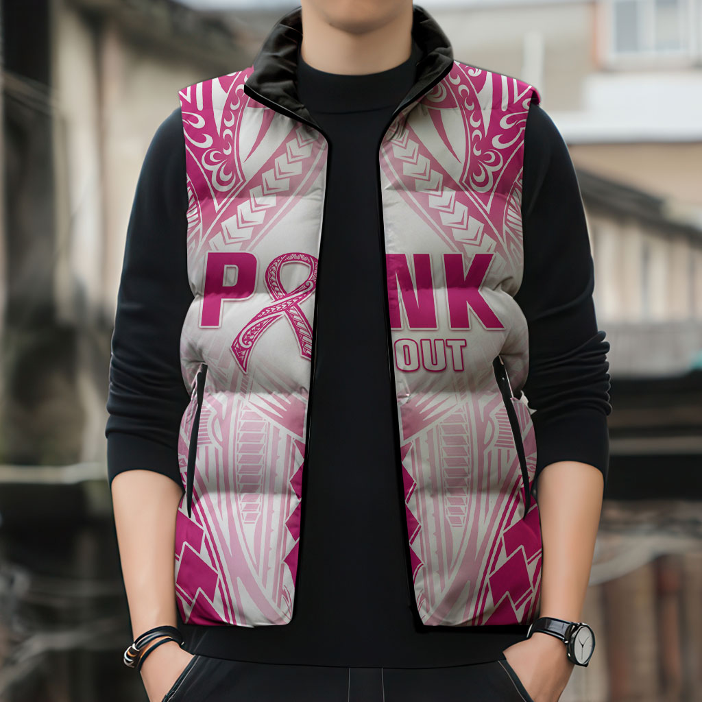 Breast Cancer Pink Out Sleeveless Puffer Jacket Polynesian Art Tattoo White Version