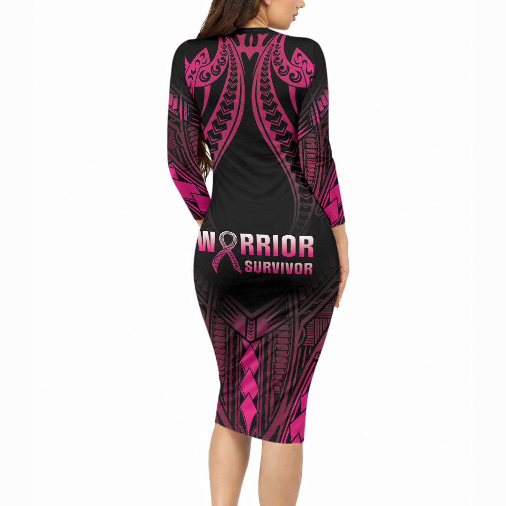 Breast Cancer Pink Out Long Sleeve Bodycon Dress Polynesian Art Tattoo Black Version