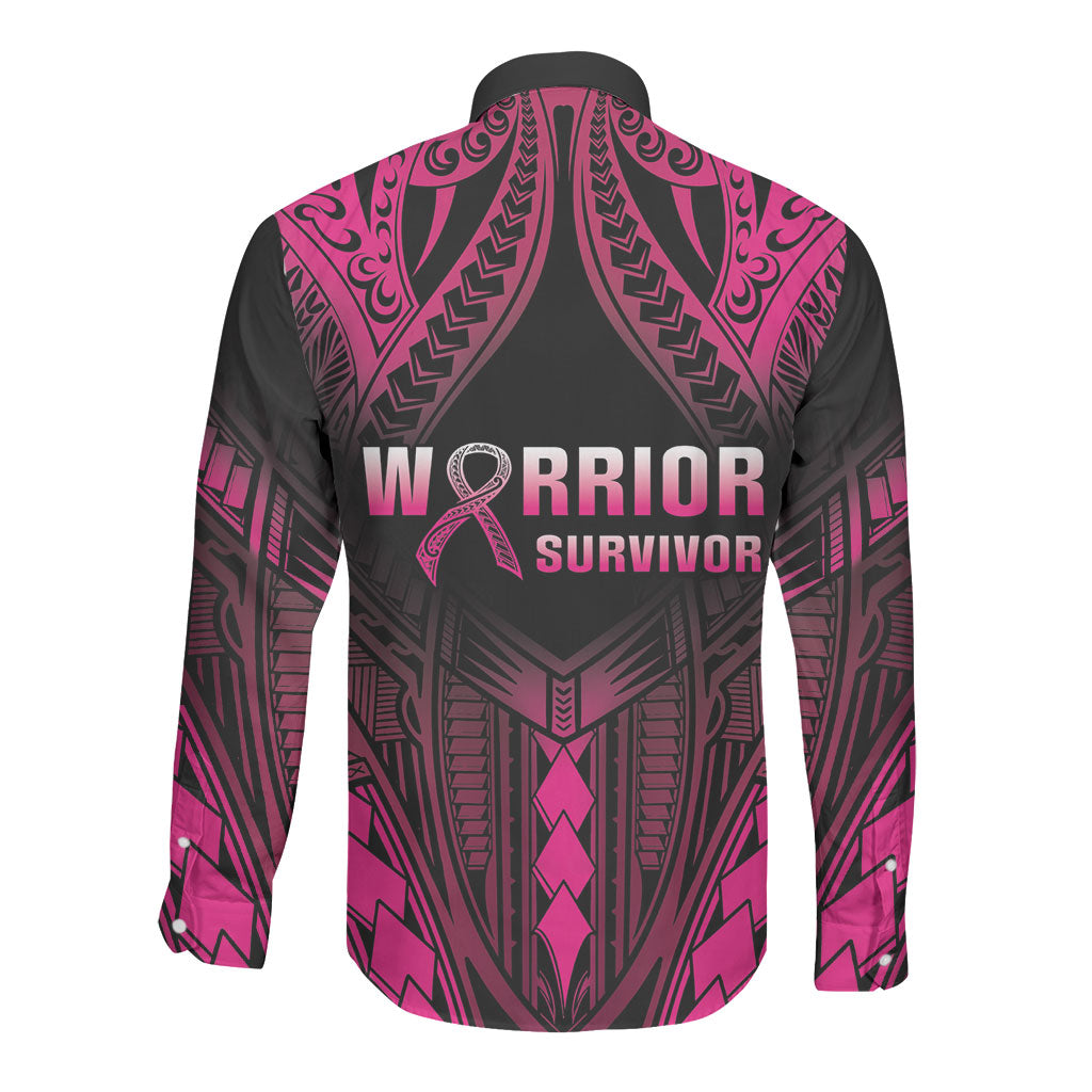 Breast Cancer Pink Out Long Sleeve Button Shirt Polynesian Art Tattoo Black Version