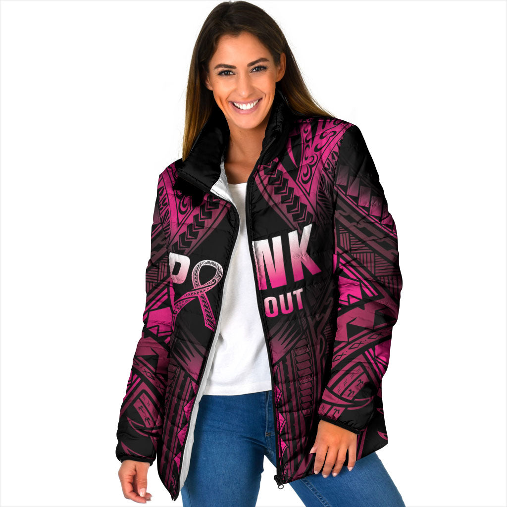 Breast Cancer Pink Out Padded Jacket Polynesian Art Tattoo Black Version