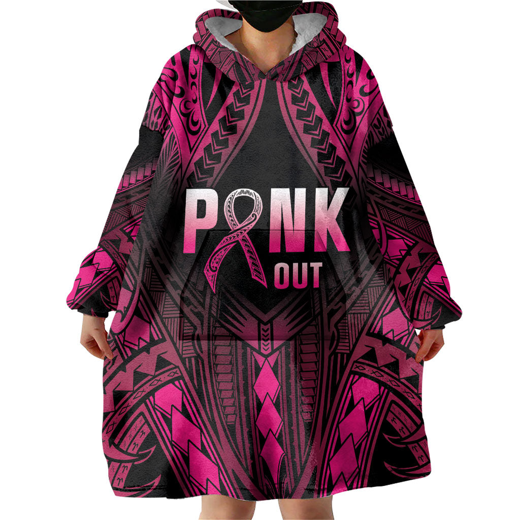 Breast Cancer Pink Out Wearable Blanket Hoodie Polynesian Art Tattoo Black Version