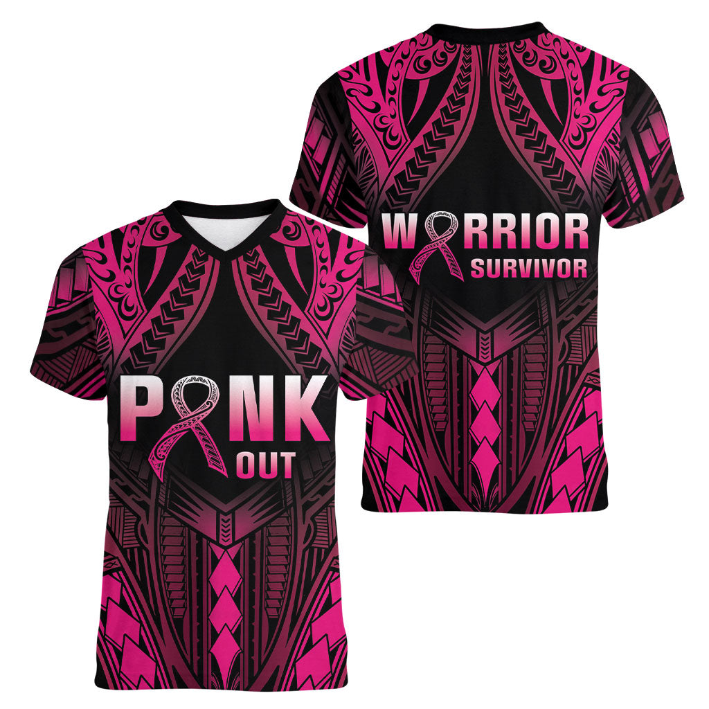 Breast Cancer Pink Out Women V-Neck T-Shirt Polynesian Art Tattoo Black Version