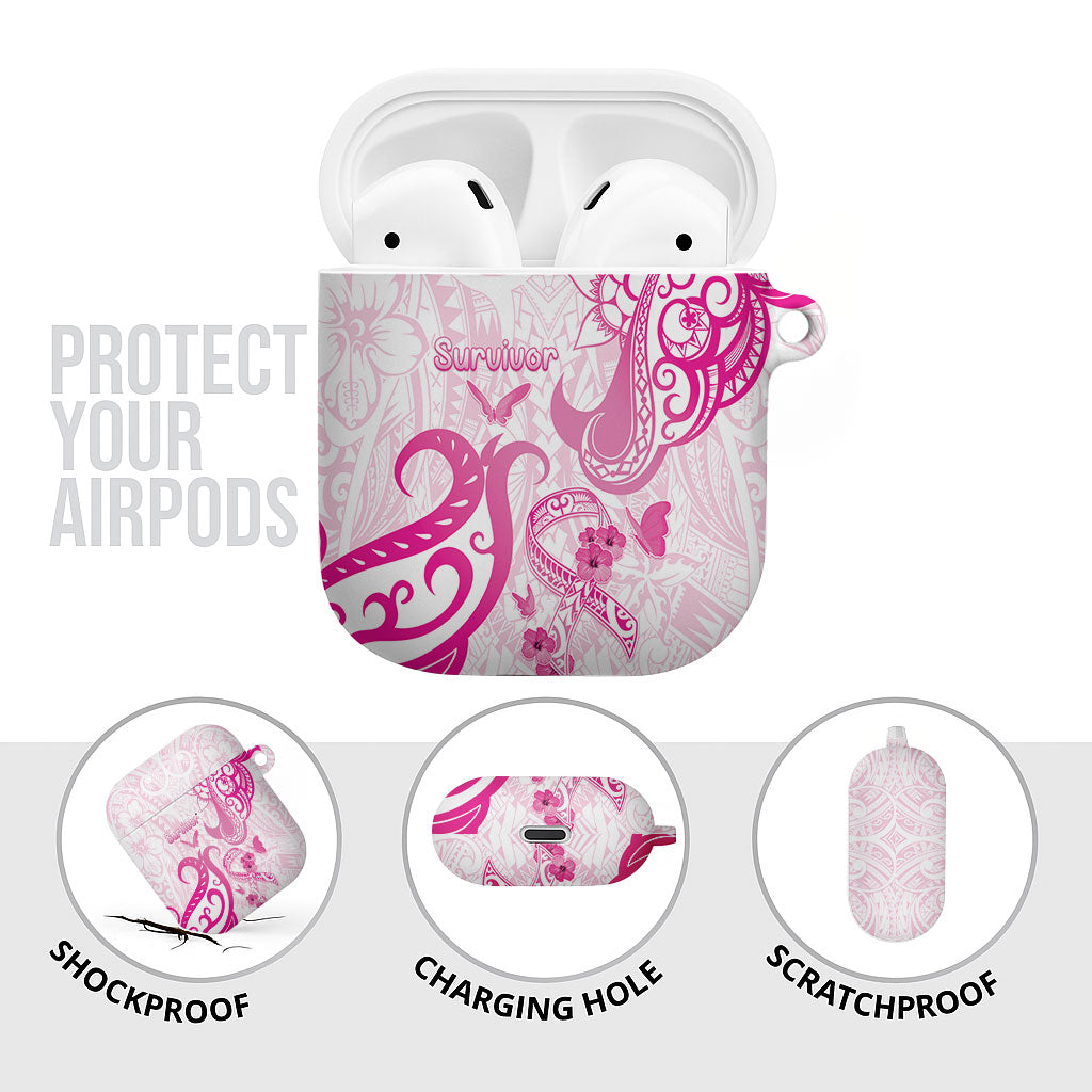 Breast Cancer Support AirPods Case Ribbon Polynesian Pattern White Version
