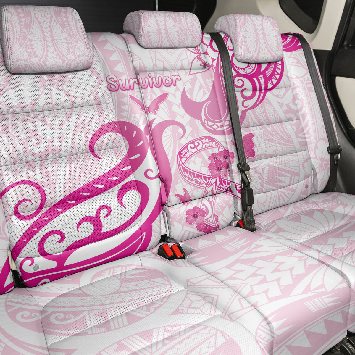 Breast Cancer Support Back Car Seat Cover Ribbon Polynesian Pattern White Version