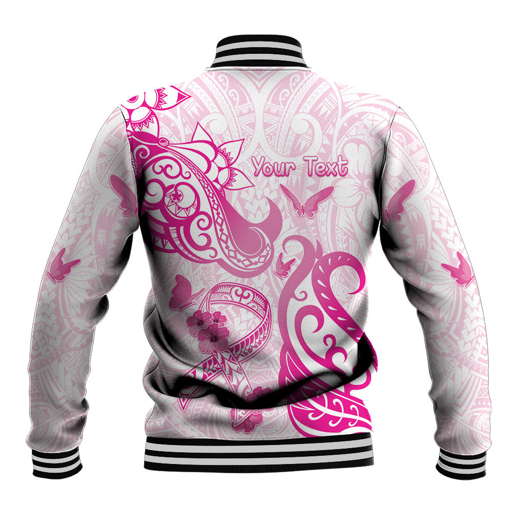 Personalised Breast Cancer Support Baseball Jacket Ribbon Polynesian Pattern White Version