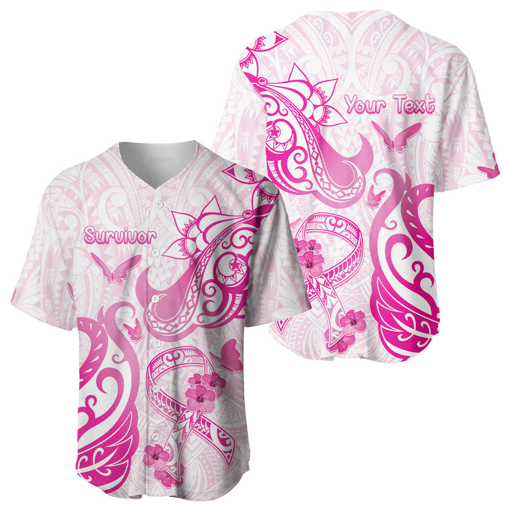 Personalised Breast Cancer Support Baseball Jersey Ribbon Polynesian Pattern White Version