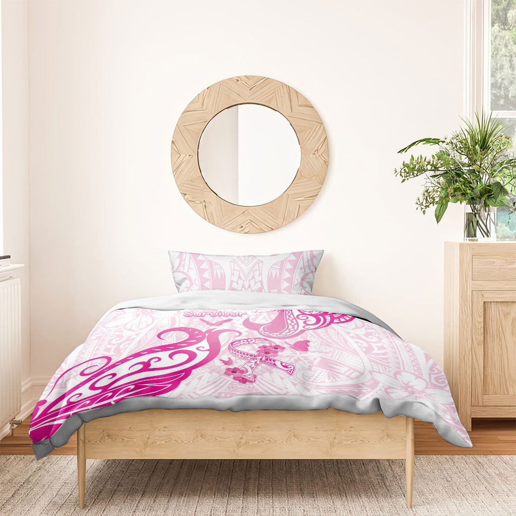 Breast Cancer Support Bedding Set Ribbon Polynesian Pattern White Version