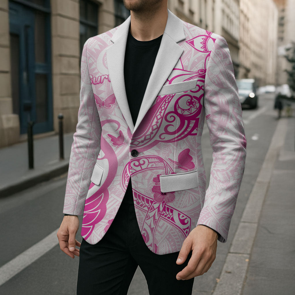 Personalised Breast Cancer Support Blazer Ribbon Polynesian Pattern White Version