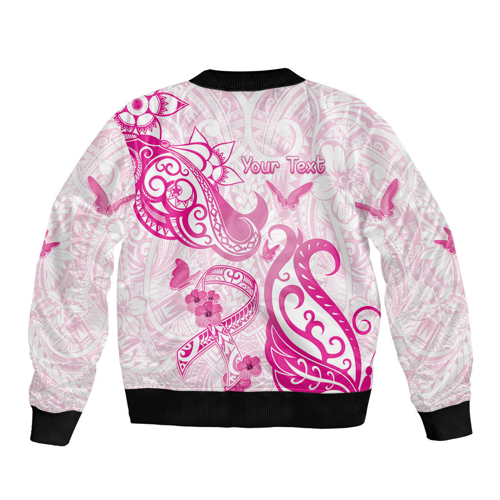 Personalised Breast Cancer Support Bomber Jacket Ribbon Polynesian Pattern White Version
