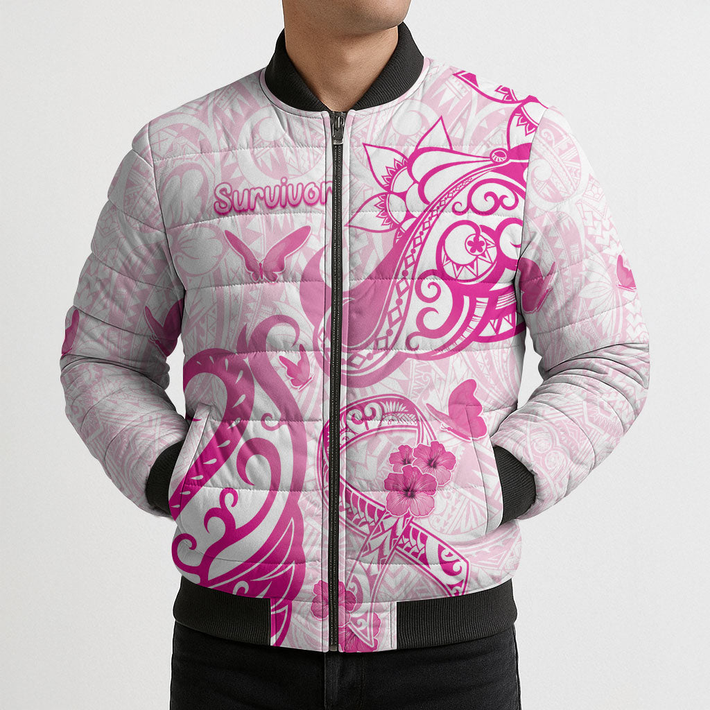 Personalised Breast Cancer Support Bomber Puffer Jacket Ribbon Polynesian Pattern White Version