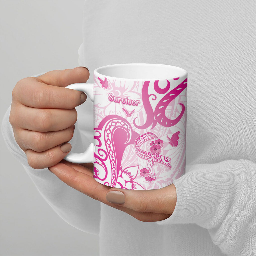 Personalised Breast Cancer Support Ceramic Mug Ribbon Polynesian Pattern White Version
