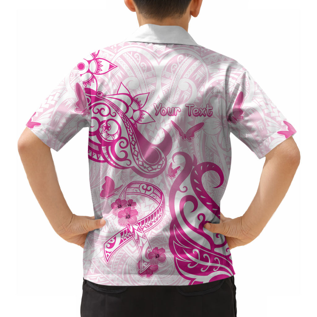 Personalised Breast Cancer Support Hawaiian Shirt Ribbon Polynesian Pattern White Version