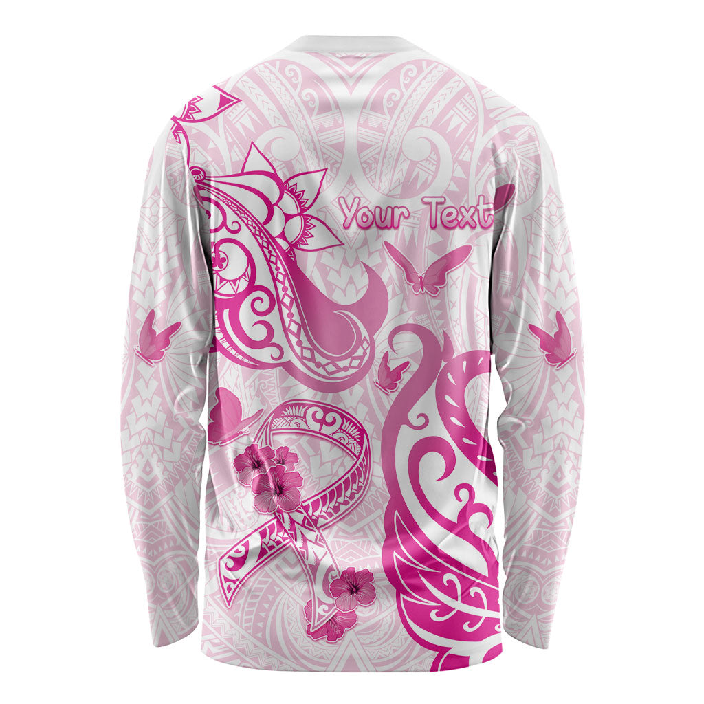 Personalised Breast Cancer Support Long Sleeve Shirt Ribbon Polynesian Pattern White Version