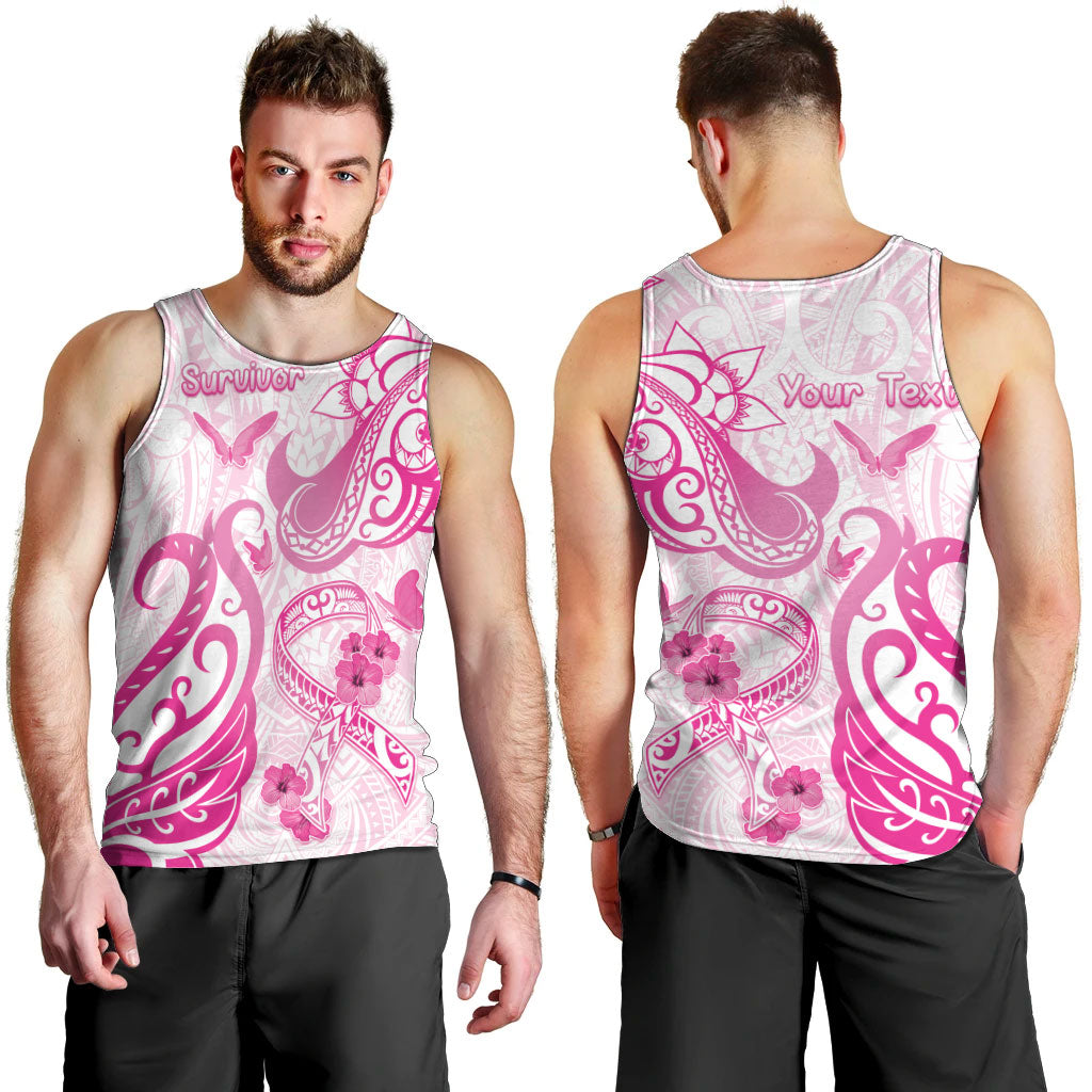 Personalised Breast Cancer Support Men Tank Top Ribbon Polynesian Pattern White Version