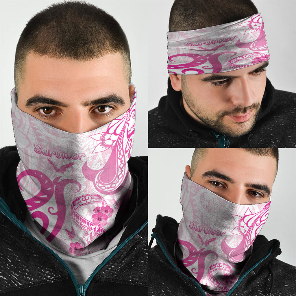 Breast Cancer Support Neck Gaiter Ribbon Polynesian Pattern White Version