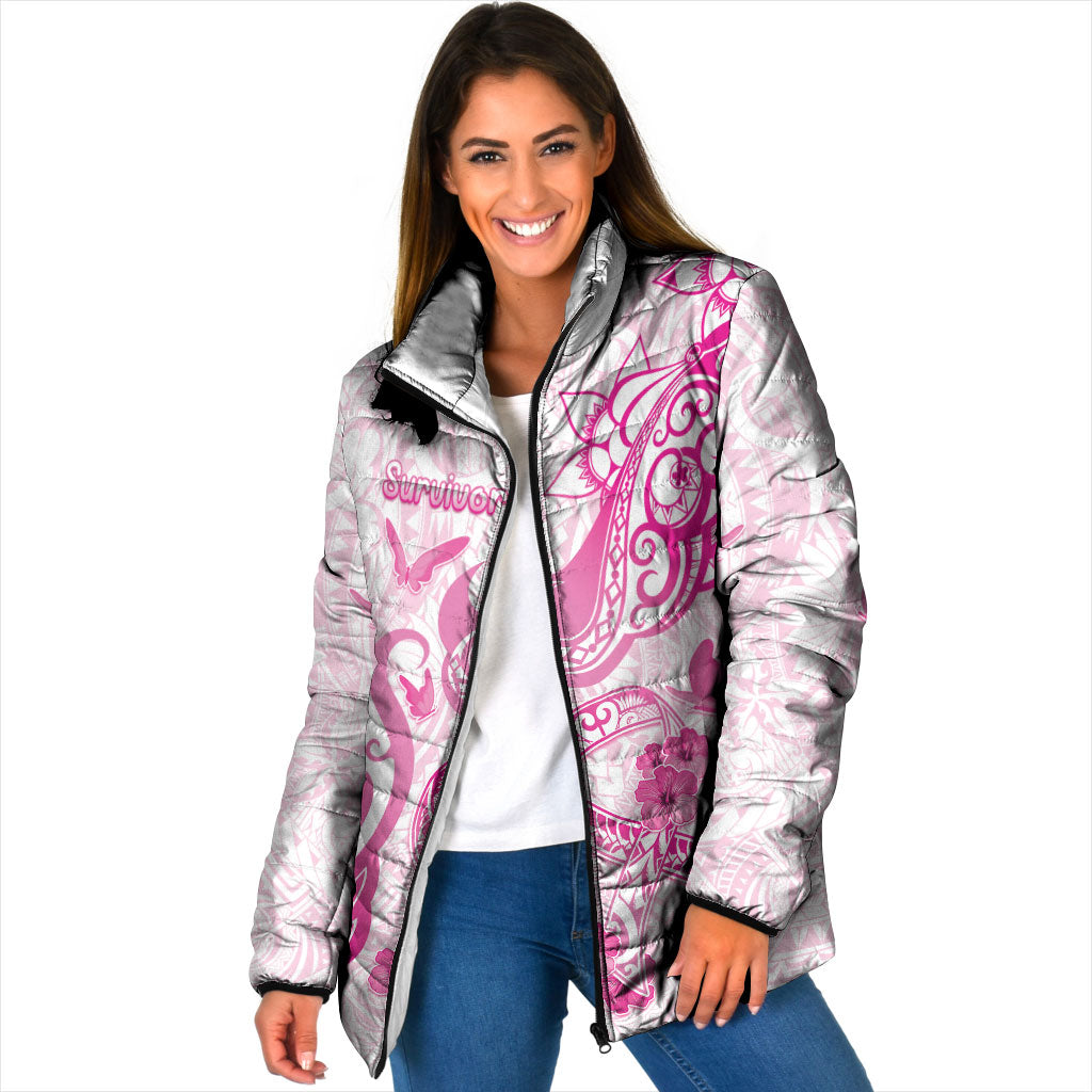 Personalised Breast Cancer Support Padded Jacket Ribbon Polynesian Pattern White Version