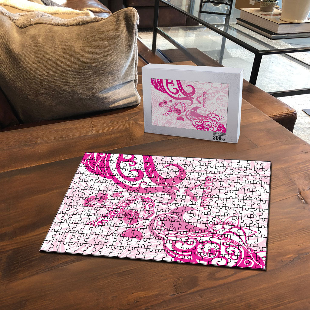 Breast Cancer Support Puzzle Ribbon Polynesian Pattern White Version