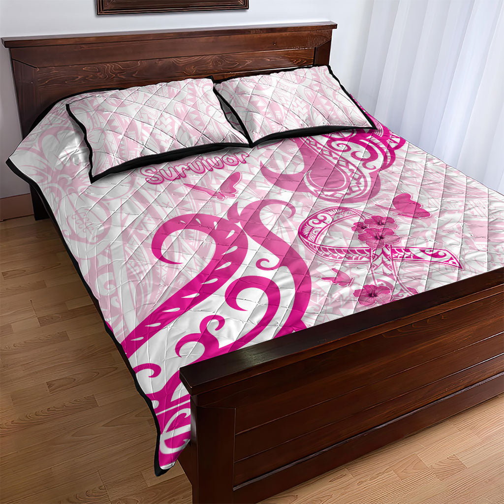 Breast Cancer Support Quilt Bed Set Ribbon Polynesian Pattern White Version