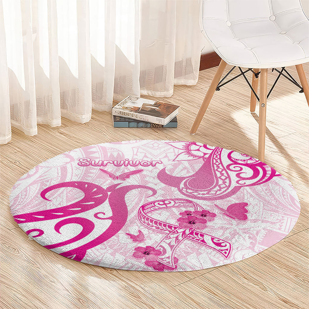 Breast Cancer Support Round Carpet Ribbon Polynesian Pattern White Version