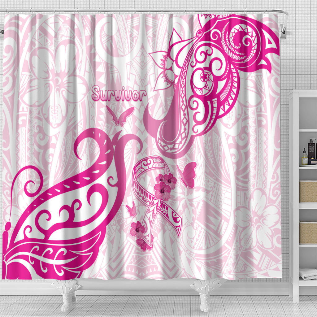 Breast Cancer Support Shower Curtain Ribbon Polynesian Pattern White Version