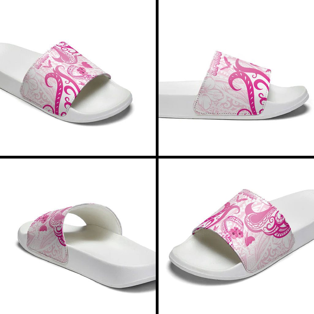 Breast Cancer Support Slide Sandals Ribbon Polynesian Pattern White Version