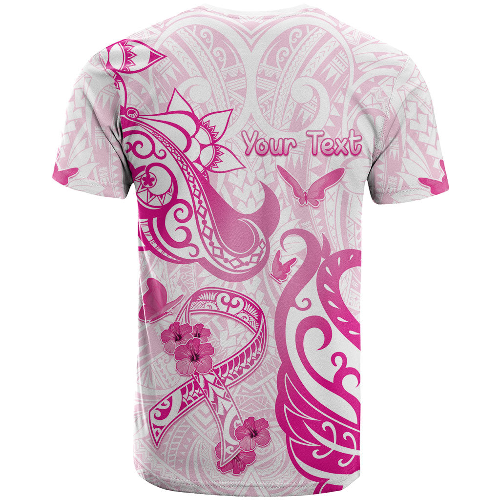 Personalised Breast Cancer Support T Shirt Ribbon Polynesian Pattern White Version