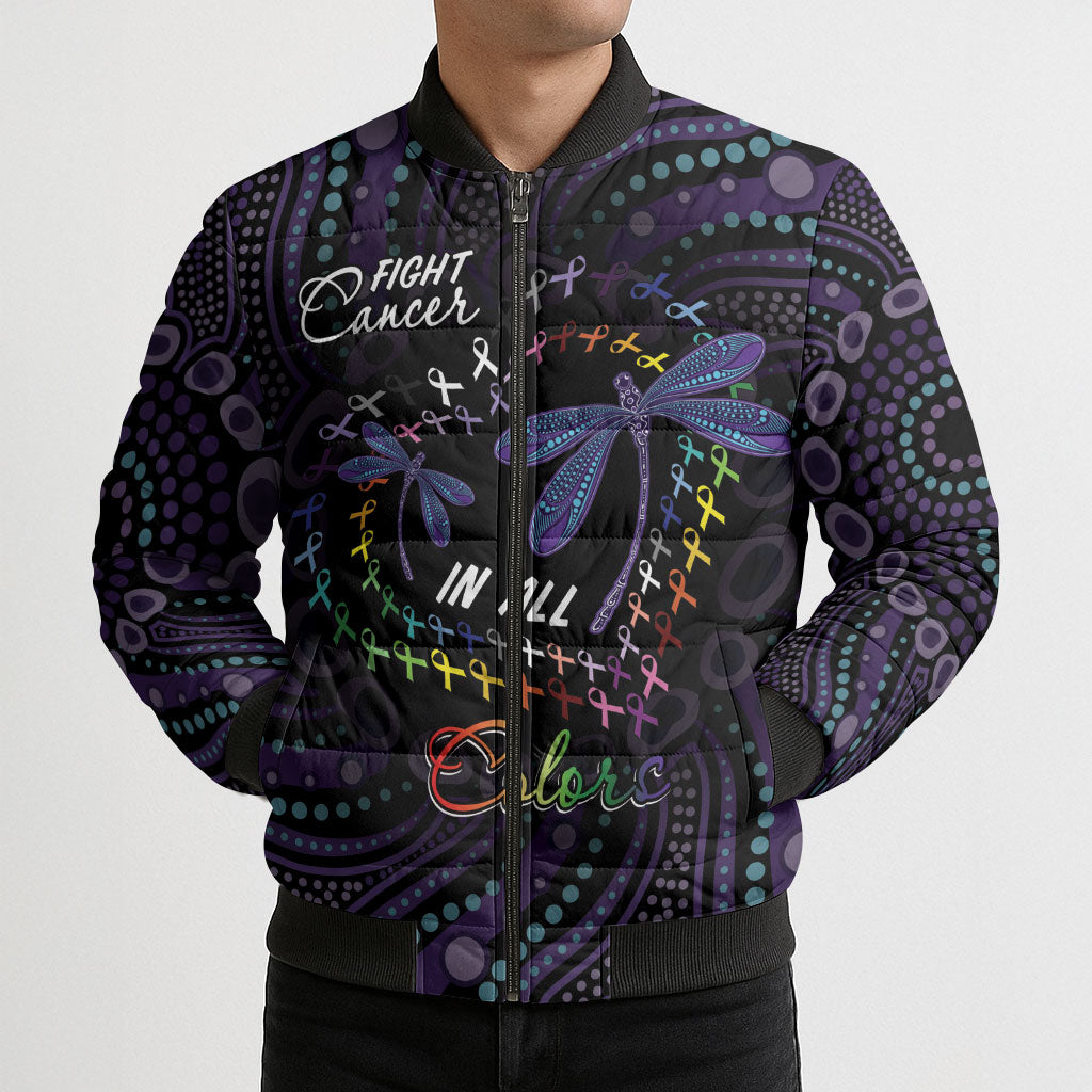 Fight Cancer In All Colors Australia Indigenous Personalized Bomber Puffer Jacket Dragonflies Aboriginal Art