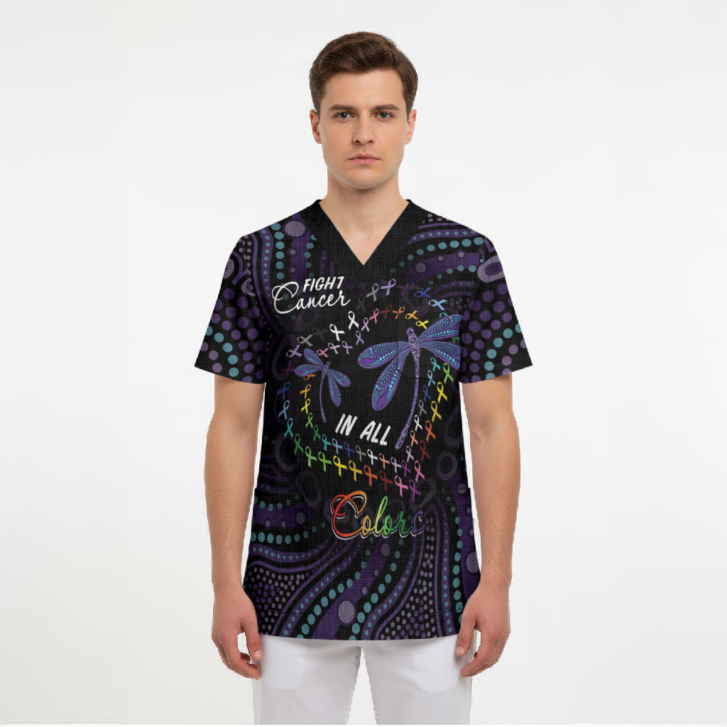 Fight Cancer In All Colors Australia Indigenous Personalized Scrub Top Dragonflies Aboriginal Art