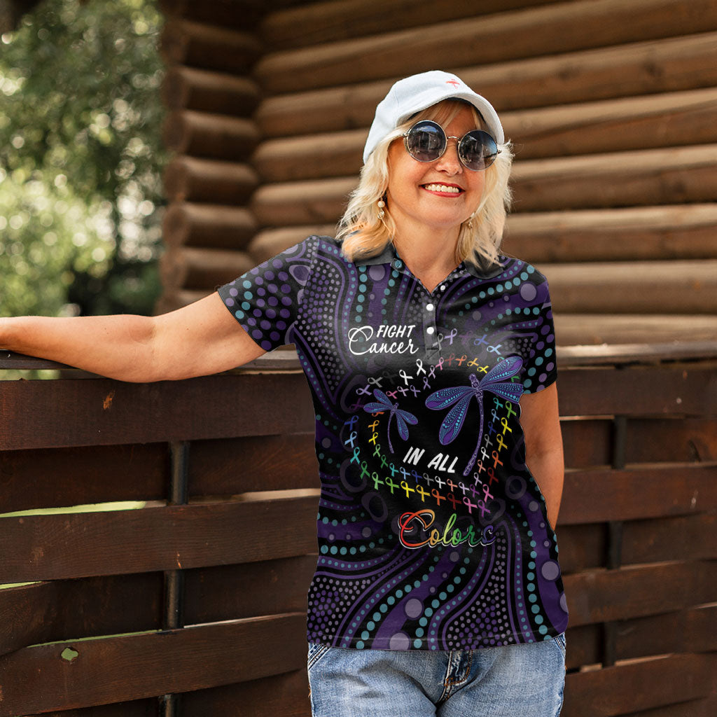 Fight Cancer In All Colors Australia Indigenous Personalized Women Polo Shirt Dragonflies Aboriginal Art