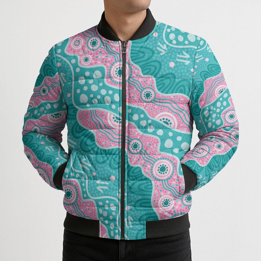 Hereditary Cancer Prevention Australia Indigenous Bomber Puffer Jacket Pink and Teal