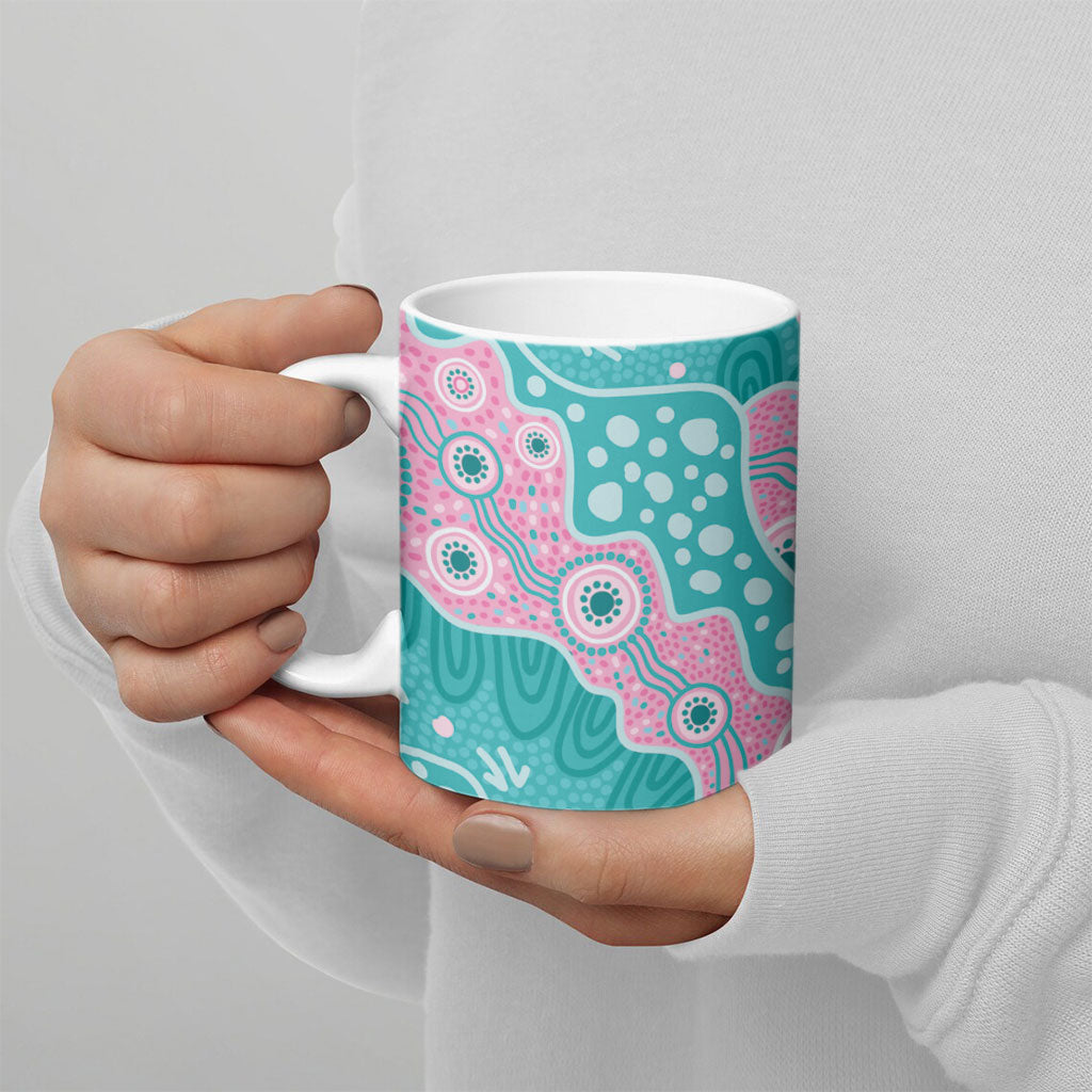 Hereditary Cancer Prevention Australia Indigenous Ceramic Mug Pink and Teal