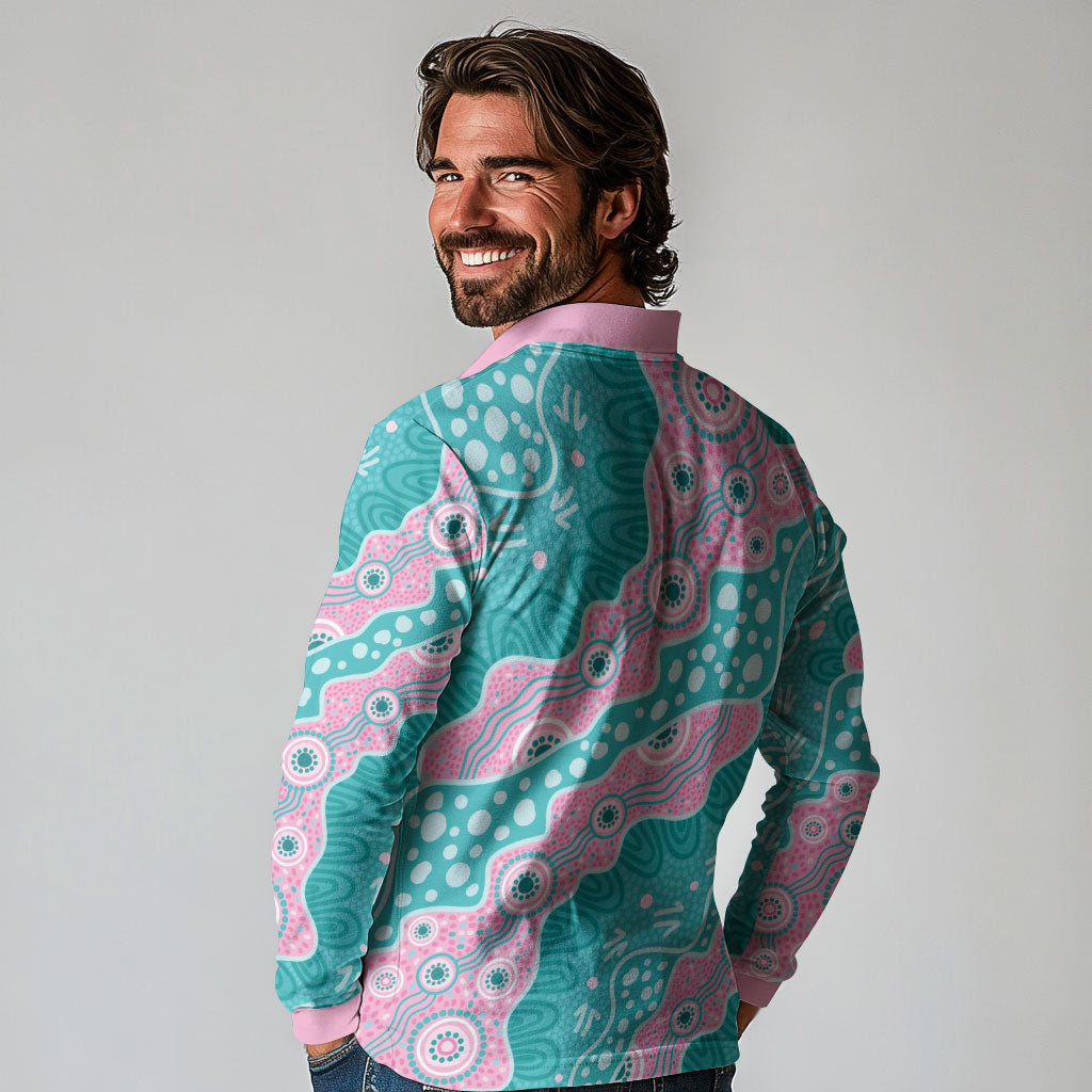 Hereditary Cancer Prevention Australia Indigenous Long Sleeve Polo Shirt Pink and Teal
