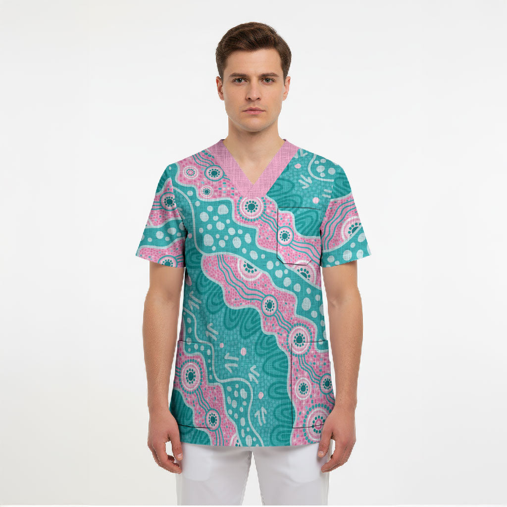 Hereditary Cancer Prevention Australia Indigenous Scrub Top Pink and Teal