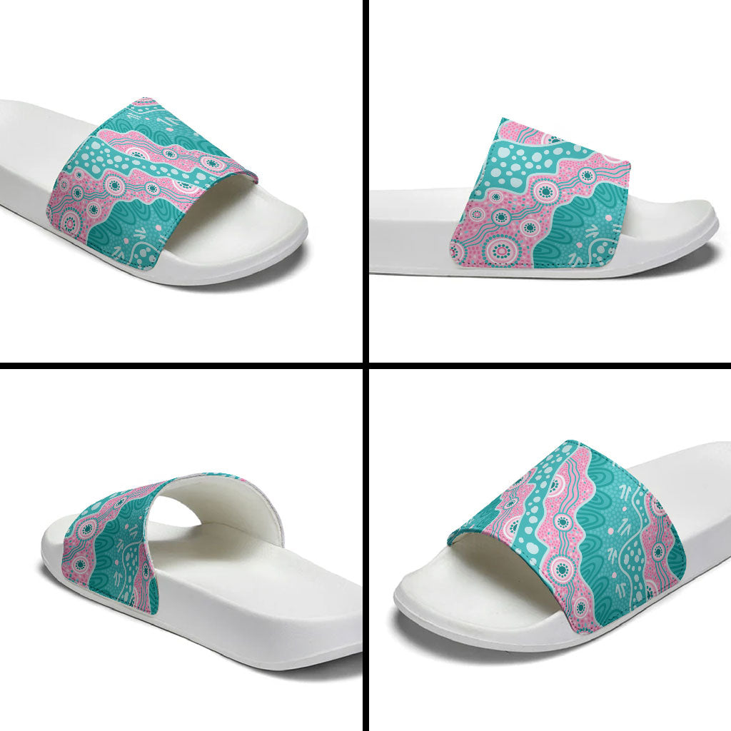Hereditary Cancer Prevention Australia Indigenous Slide Sandals Pink and Teal