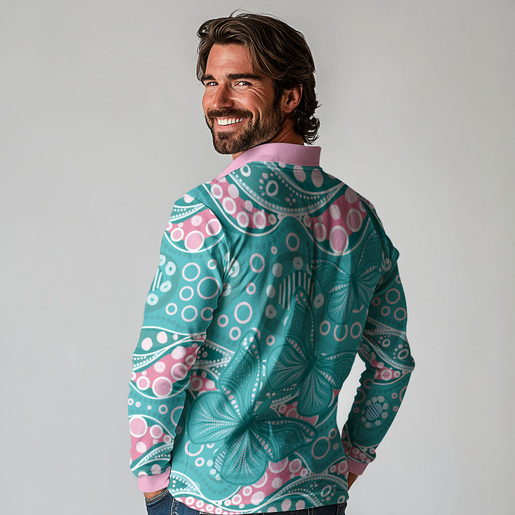 Australia Hereditary Cancer Prevention Long Sleeve Polo Shirt Aboriginal Butterflies