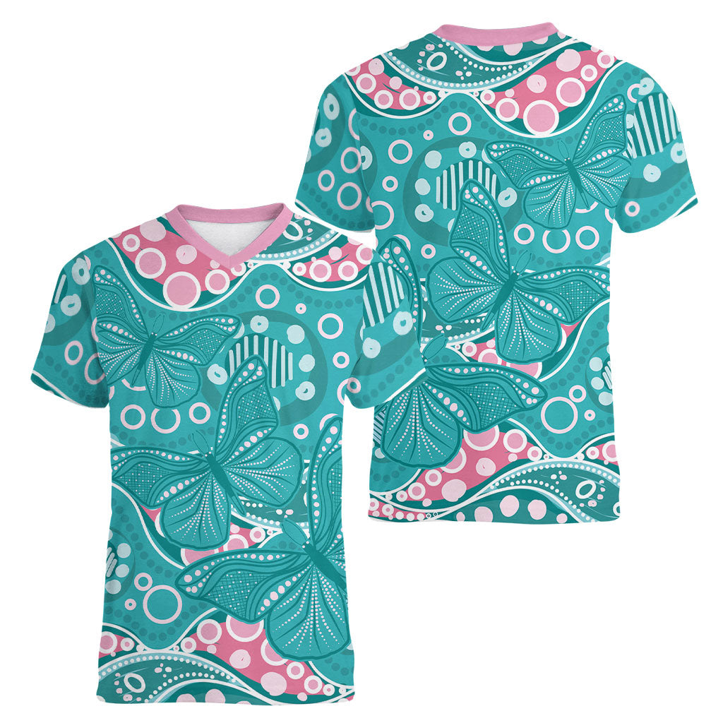 Australia Hereditary Cancer Prevention Women V-Neck T-Shirt Aboriginal Butterflies
