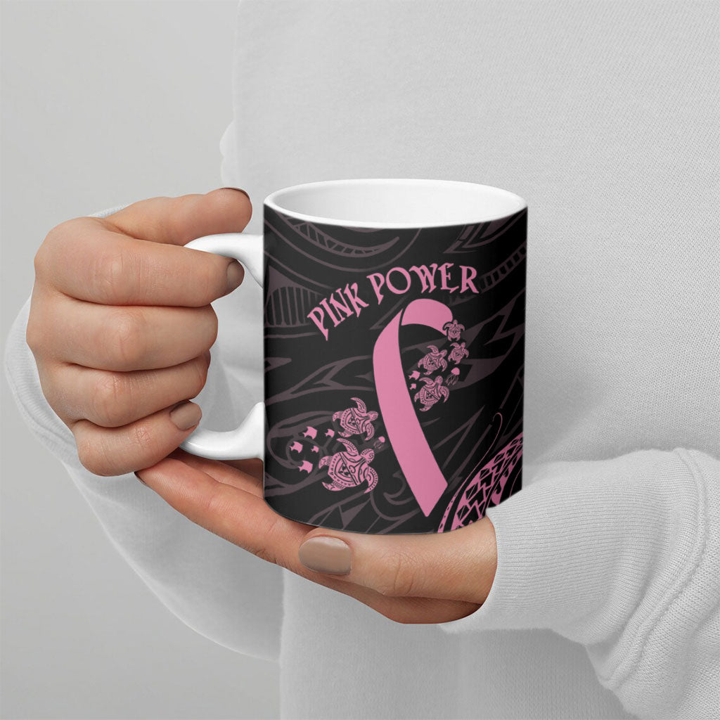 Polynesian Pink Power Ceramic Mug Breast Cancer Ribbon Turtle and Flowers