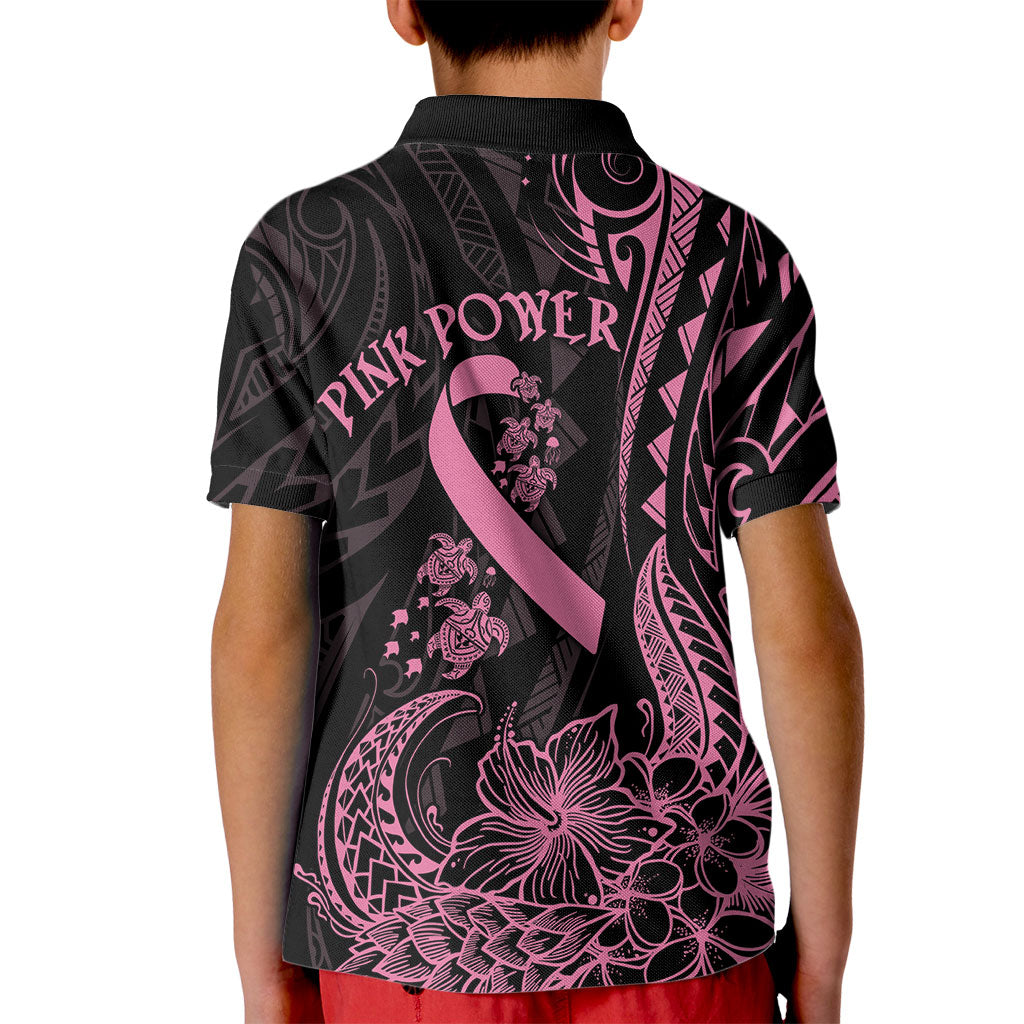 Polynesian Pink Power Kid Polo Shirt Breast Cancer Ribbon Turtle and Flowers